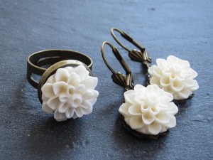 White Flower Ring and White Flower Earrings